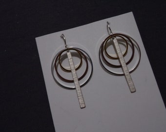 1-1/2" Layered Textured Bar Charms Circle Hoop Earrings Sterling Silver ear wires bohemian art deco art nouveau artisan geometric Artisan