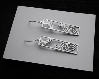 Ocean Wave Earrings, Stainless Steel Charm, Sterling Silver Wires