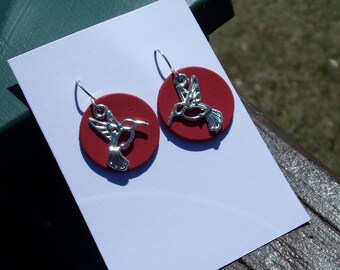 1" charm Red Disc Hummingbird Silver Earrings Sterling silver ear wires Woodland bird statement bohemian Geometric Art Deco Layered Gift