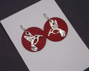 1" charm Red Disc Hummingbird Silver Earrings Sterling silver ear wires Woodland bird statement bohemian Geometric Art Deco Layered Gift