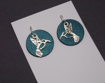 1" charm Teal Disc Hummingbird Silver Earrings Sterling silver ear wires Woodland bird statement bohemian Geometric Art Deco Layered Gift