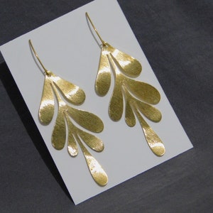 Beautiful Wavy Brushed Real Brass Shiny Leaf Earrings Elf Leaf Raw brass ear wires Geometric Stunning Large Art Deco Bohemian art nouveau