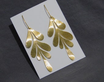 Beautiful Wavy Brushed Real Brass Shiny Leaf Earrings Elf Leaf Raw brass ear wires Geometric Stunning Large Art Deco Bohemian art nouveau