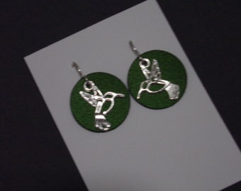 1" charm olive green Hummingbird Silver Earrings Sterling silver ear wires Woodland bird statement bohemian Geometric Art Deco Layered Gift