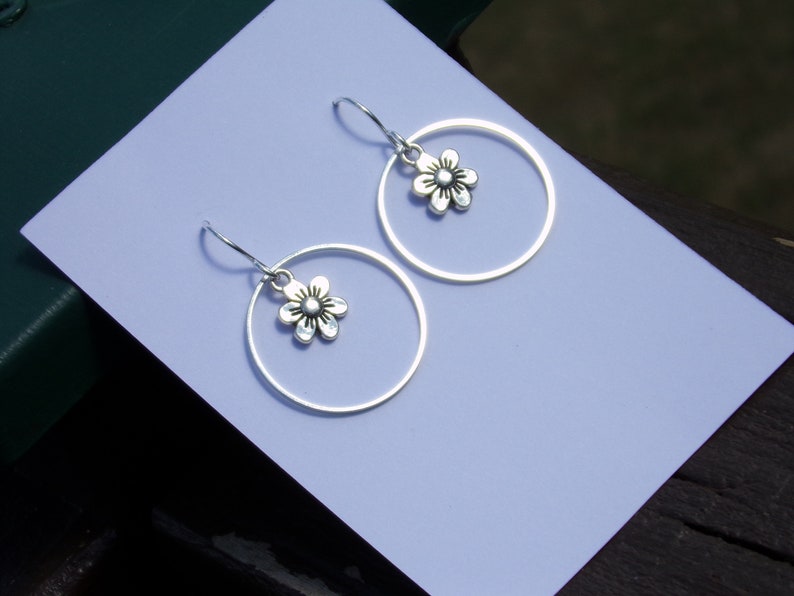 1/2 3/4 1 hoop choice Tiny Floral Flower Daisy Garden Silver Earrings Sterling silver ear wires Bohemian Botanical Geometric Art deco image 2
