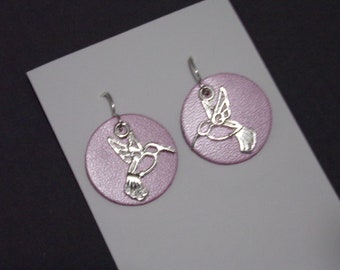 1" charm Pink Disc Hummingbird Silver Earrings Sterling silver ear wires Woodland bird statement bohemian Geometric Art Deco Layered Gift