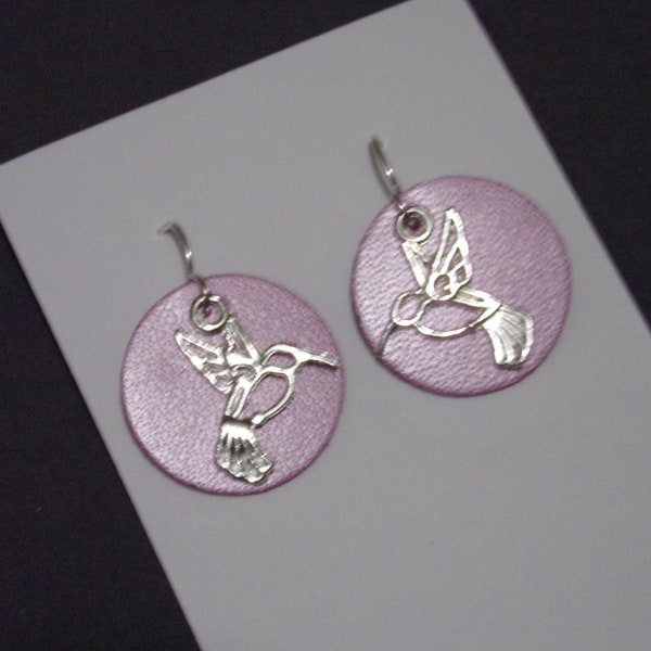 1" charm Pink Disc Hummingbird Silver Earrings Sterling silver ear wires Woodland bird statement bohemian Geometric Art Deco Layered Gift