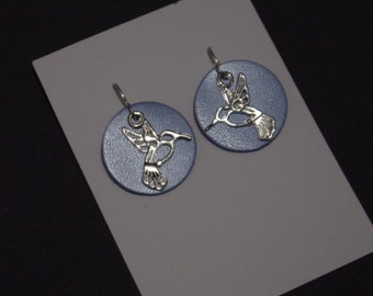 1" charm Blue Disc Hummingbird Silver Earrings Sterling silver ear wires Woodland bird statement bohemian Geometric Art Deco Layered Gift