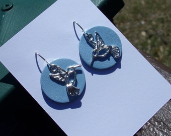 1" charm Blue Disc Hummingbird Silver Earrings Sterling silver ear wires Woodland bird statement bohemian Geometric Art Deco Layered Gift