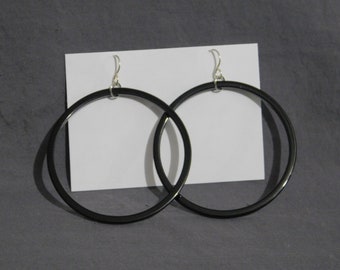 Black Acetate Acrylic Clear Large Hoop Earrings 2-1/2" dia / sterling silver ear wires/ Bohemian/ Statement/ bold/ Plain & Simple/ Art Deco