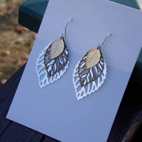Three Layered Silver Bronze Gold Leaf Earrings/ 1-1/4" charm/ sterling silver ear wires/ woodland/ Birthday/ jonikay52 original/ Copyrighted
