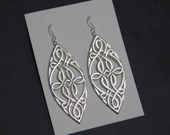 Matte Silver Celtic Earrings/ Sterling silver ear wires Birthday Bohemian Geometric Marquise Art deco Art nouveau Artisan Statement Irish