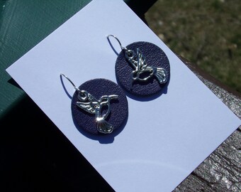 1" charm purple Disc Hummingbird Silver Earrings Sterling silver ear wires Woodland bird statement bohemian Geometric Art Deco Layered Gift