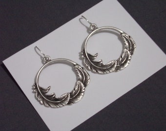 1-1/2" Charms Antique Silver Feather Leaf Hoop Earrings woodland art deco art nouveau Bohemian Geometric Artisan sterling silver ear wires