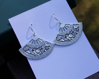 Fan Earrings Sterling silver ear wires Oriental Bohemian Ethnic Geometric Art deco Art nouveau Artisan Japanese Chinese art flower leaf Gift