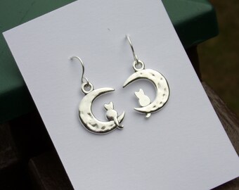 Moon and Cat Earrings, Sterling Silver Ear Wires