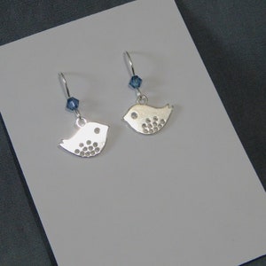 1/2" charm Bird Earrings Sterling silver ear wires Montana Blue Crystal Minimalist birthday small Art deco Bohemian art nouveau Geometric
