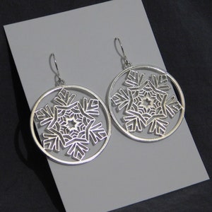 1-1/2" dia Snowflake Earrings Sterling silver ear wires silver plated charms Winter Birthday Bohemian art deco art nouveau gift geometric