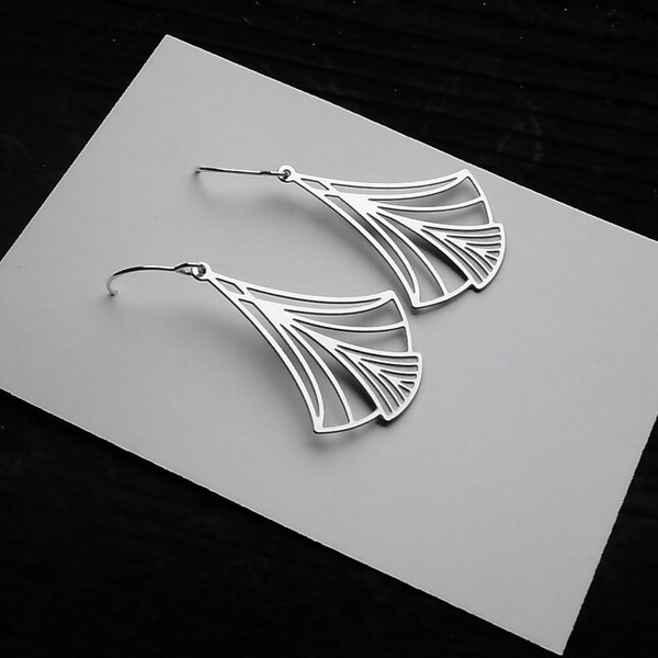 Pendientes de abanico de acero inoxidable / Ganchos de plata de ley / Art déco / Art nouveau / Geométricos / Boho / Artesanales / Florales / Recortados