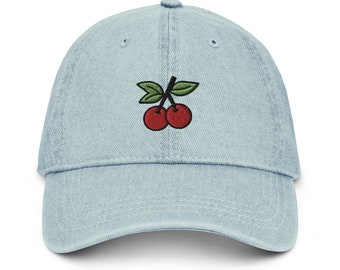 Schattige kersen denim geborduurde papa hoed | Vintage kersen fruit cadeau | Trendy grappige honkbalpet | Meerdere kleuren | Voor hem en voor haar