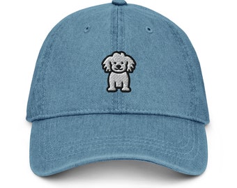 Simpatico cane bianco soffice cappello da papà in denim vintage ricamato / regalo per proprietari di Bichon Frise / berretto da baseball in più colori / per lui e per lei