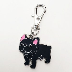 Charm francés Bulldog francés negro con cierre de clip para cartera, cartera, teléfono móvil, chaqueta, mochila o collar para perro o gato
