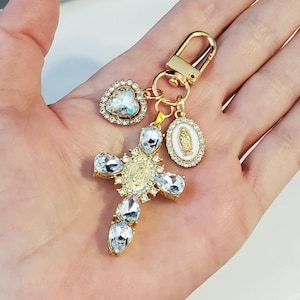 CROSS CHARM Zipper Pull Mother Mary Religious Catholic Prayer Clip On Bag Purse Jeans Wallet Jacket Backpack Journal Binder etc w/ Crystals