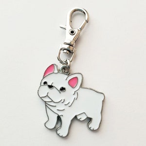 Dije de bulldog francés con cierre de clip para bolso, cartera, teléfono móvil, chaqueta, mochila, bolso de pañales o collar para perro o gato, joyería blanca