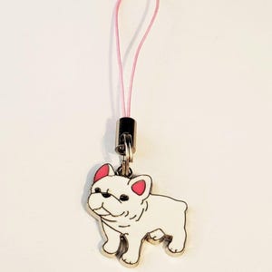 Dije de teléfono con diseño de bulldog francés, con correa para teléfono celular o tirador de cremallera para bolso, cartera, etc., con nudo corredizo, color blanco