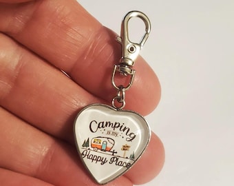 CAMPER CHARM CAMPING Is My Happy Place Zipper Pull Clip On for Bag Purse Jeans Tote Wallet Jacket Journal Backpack or Dog Cat Collar Jewelry