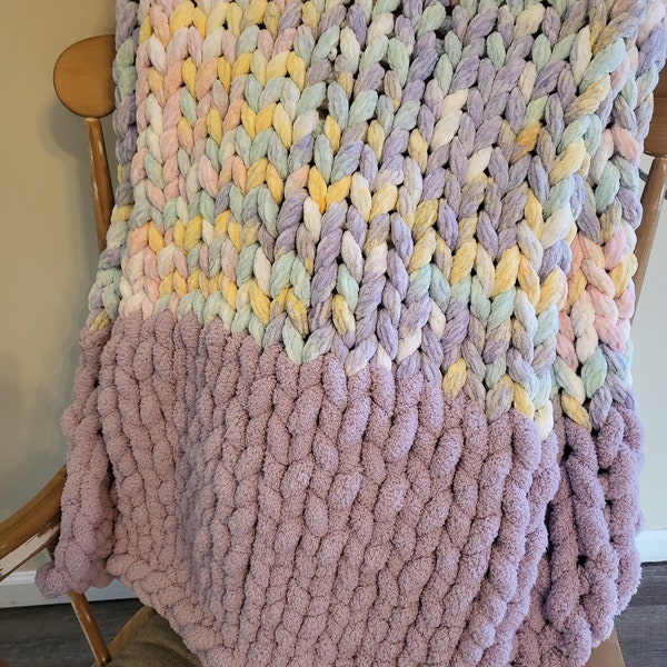 Purple and Pastel Chunky Knit Blanket, Chenille Blanket, Warm Puffy Blanket, Chenille Throw, Handmade Chunky Knit Blanket