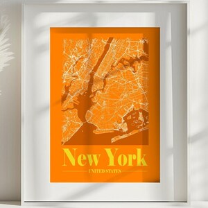 Orange New York City Karte, farbenfroher minimalistischer Kartendruck, Bürodruck, moderne Karte, Geschenk für die beste Freundin, druckbare Wandkunst, digitaler Download