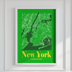 Grüne New York City Karte, bunte minimalistische Karte, Bürodruck, moderne Karte, beste Freundin Geschenk, druckbare Wandkunst, digitaler Download