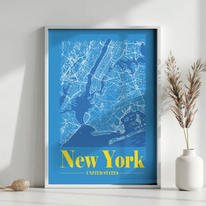Blauer Stadtplan von New York, farbenfroher minimalistischer Kartendruck, Bürodruck, moderne Karte, Geschenk für die beste Freundin, druckbare Wandkunst, digitaler Download