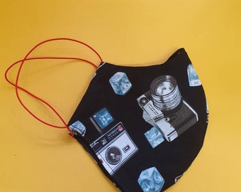 Face Mask in Vintage Retro Camera print black cotton