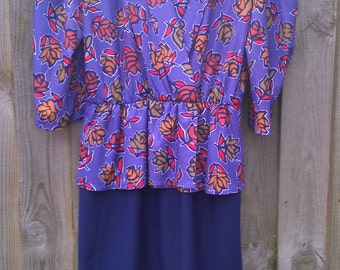 Size 14 80s 1980s Vintage Peplum Dress Black Purple White