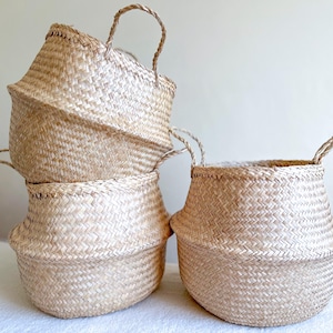 XL Plain seagrass belly baskets, Plant woven baskets, Eco wicker basket with handles, Hanging stotage basket, Housewarming gift, Toy storage