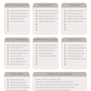 Op de afbeelding: Een beige en witte "Scheidingschecklist" met categorieën zoals Veiligheid & Stabiliteit, Huishouden, Financiën, Juridisch & Ouderlijk, Ondersteuning & Welzijn, Praktisch, Zelfzorg en Dingen om te onthouden. Elke categorie heeft opsommingstekens.
