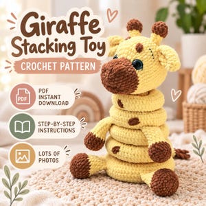 Puede incluir: Un patrón de ganchillo para un juguete de apilar con forma de jirafa con el texto Giraffe Stacking Toy CROCHET PATTERN, PDF INSTANT DOWNLOAD, STEP-BY-STEP INSTRUCTIONS y LOTS OF PHOTOS. El juguete es de hilo amarillo y marrón.