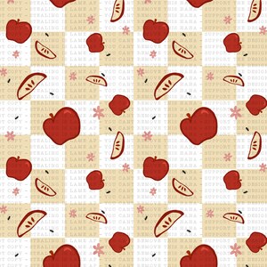 May include: A seamless pattern featuring red apples, apple slices, and small pink flowers on a white and beige checkered background. The text "You can't remove this haha - Support the design" repeats throughout the pattern.
