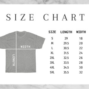 May include: Size chart for a t-shirt with measurements in inches. The chart shows the size, length, and width of the shirt in inches. The sizes are S, M, L, XL, 2XL, 3XL, 4XL, and 5XL.