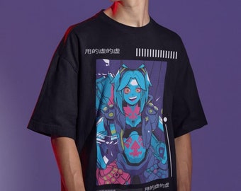 May include: Black t-shirt featuring a graphic print of a blue-haired anime character in a futuristic setting. The text "用 的 虛 的 虛" is printed on the shirt.