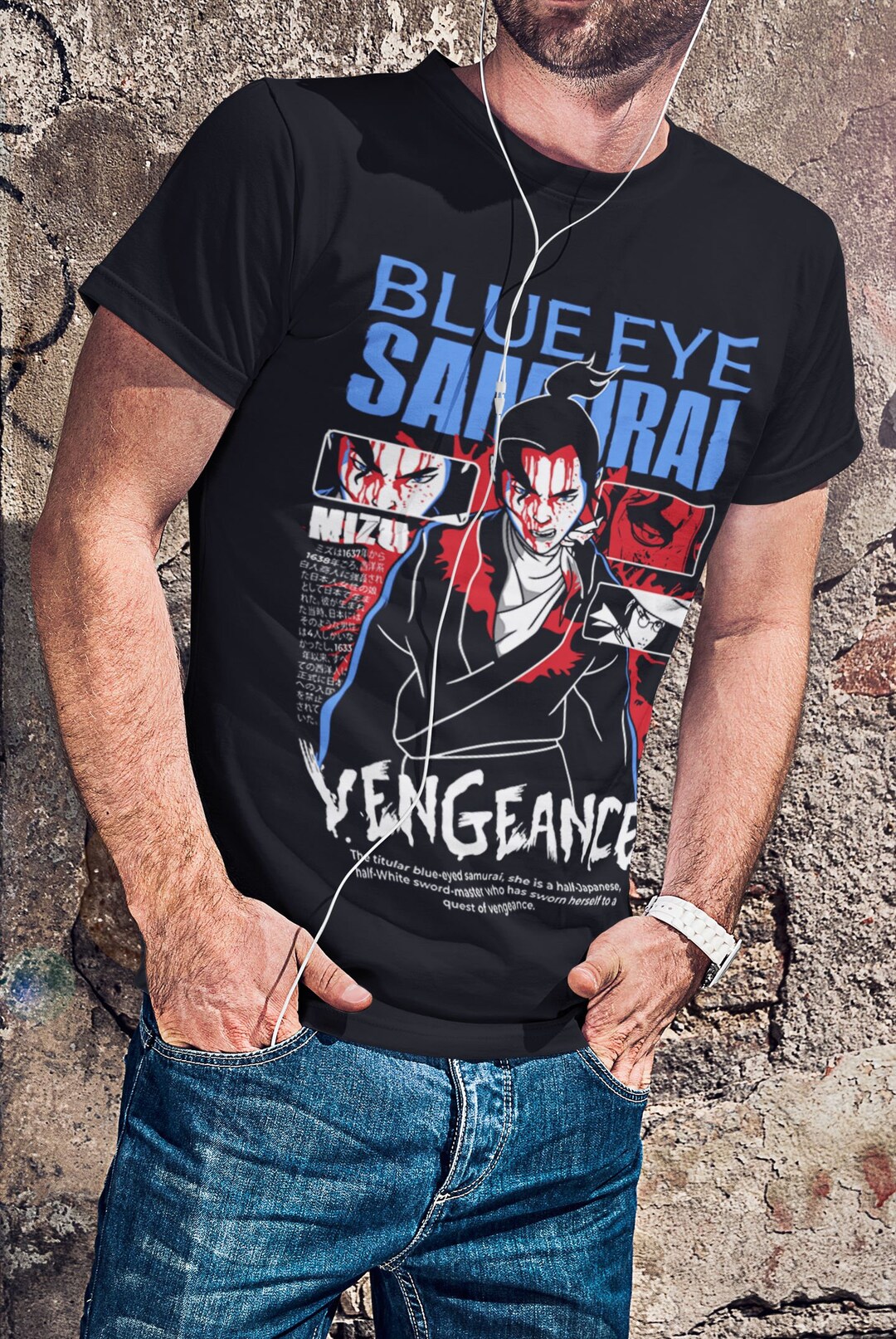Blue Eye Samurai Inspired Mizu Black T-shirt, Unisex and Ladies