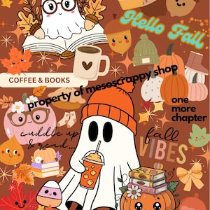 Puede incluir: Ilustración con temática otoñal con fondo marrón. Presenta fantasmas de dibujos animados, calabazas, bellotas y hojas de otoño. El texto incluye "Hello Fall" y "Fall Vibes". El diseño general evoca un ambiente otoñal y acogedor.
