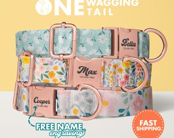 Personalized Cotton Dog Collar with Name Engraving - Quick Release Metal D-Ring Buckle - Daisy Flower and Floral Pattern Collar