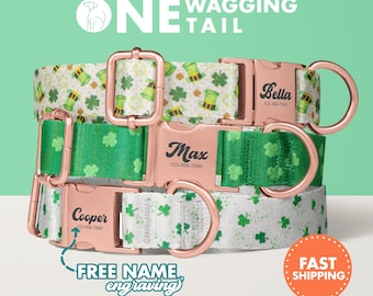Personalized St. Patrick's Dog Collar with Name Engraved - Cotton Metal D-Ring Buckle Collar - St. Patrick, Clover, Green Hat Pattern Collar