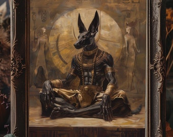 May include: A framed illustration of an Anubis-like figure with a black body and gold accents, sitting in a meditative pose. The figure is surrounded by a golden halo and a background of hieroglyphs. The frame is dark brown wood with a gold trim.