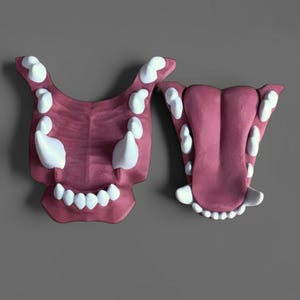 May include: Two separate 3D-printed jaw models featuring a dark pink gum and tongue texture with sharp, white, pointed teeth. The left piece shows an open upper jaw structure, while the right piece displays a lower jaw with a prominent central tongue.