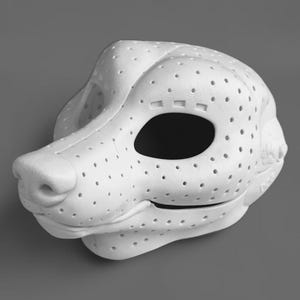May include: A white, three-dimensional animal head mask base featuring a perforated surface texture throughout. The mask has a prominent snout, large eye openings, and a sculpted jawline, constructed from a lightweight, rigid material.