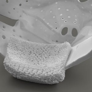 Può includere: Un oggetto bianco a forma di ciotola con petali multipli e numerose piccole perforazioni circolari su tutta la struttura. Un cuscinetto rettangolare bianco, poroso e spugnoso con una superficie strutturata a nido d'ape poggia all'interno.